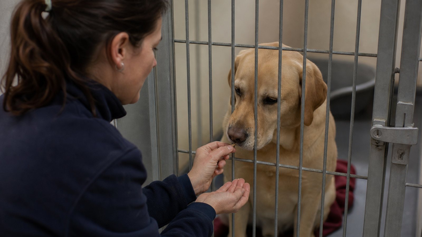 Employée de pension donnant son comprimé à un chien à l'heure prévue par l'ordonnance