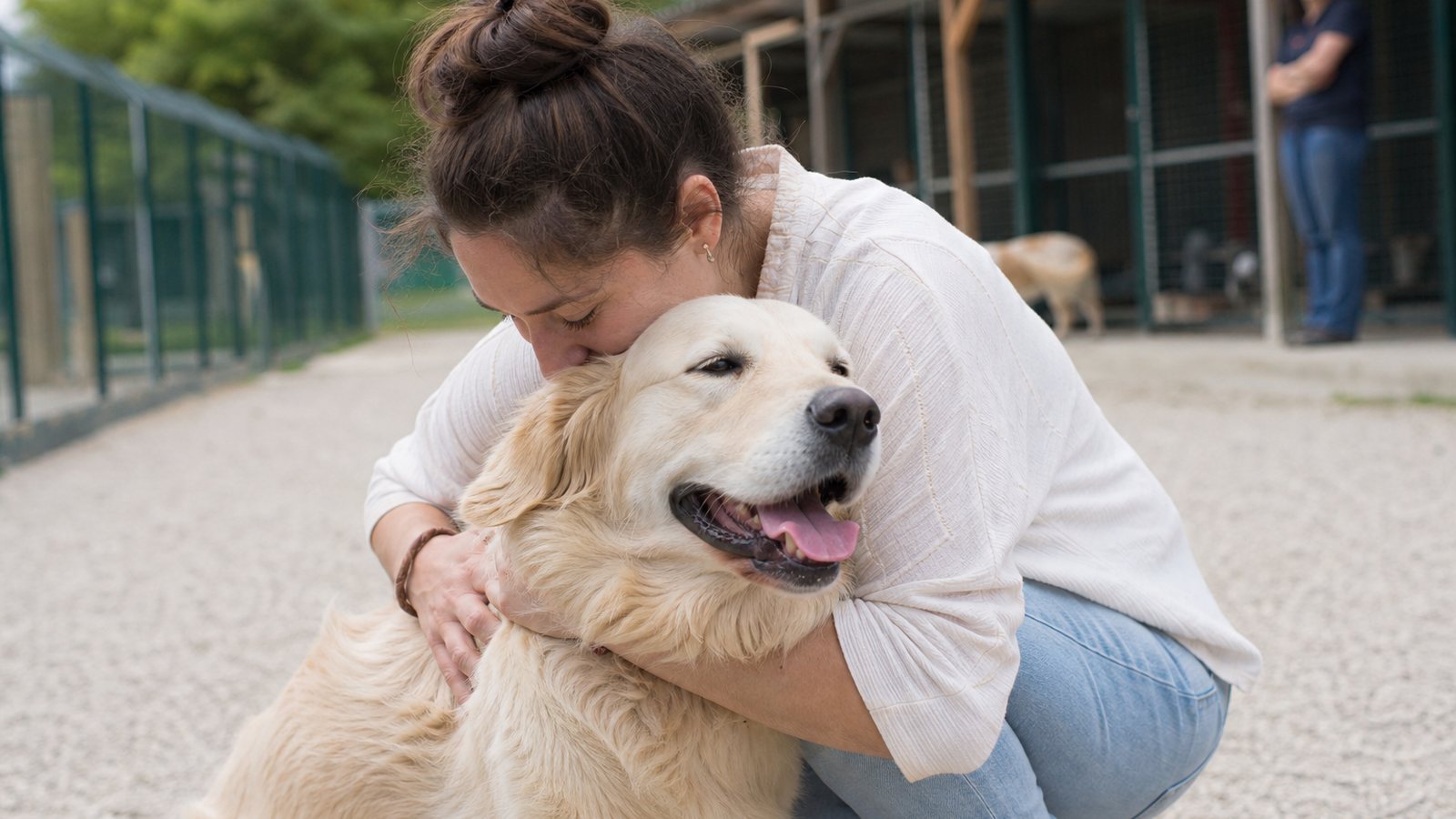 Propriétaire fidèle retrouvant avec joie son chien à la fin d'un séjour en pension