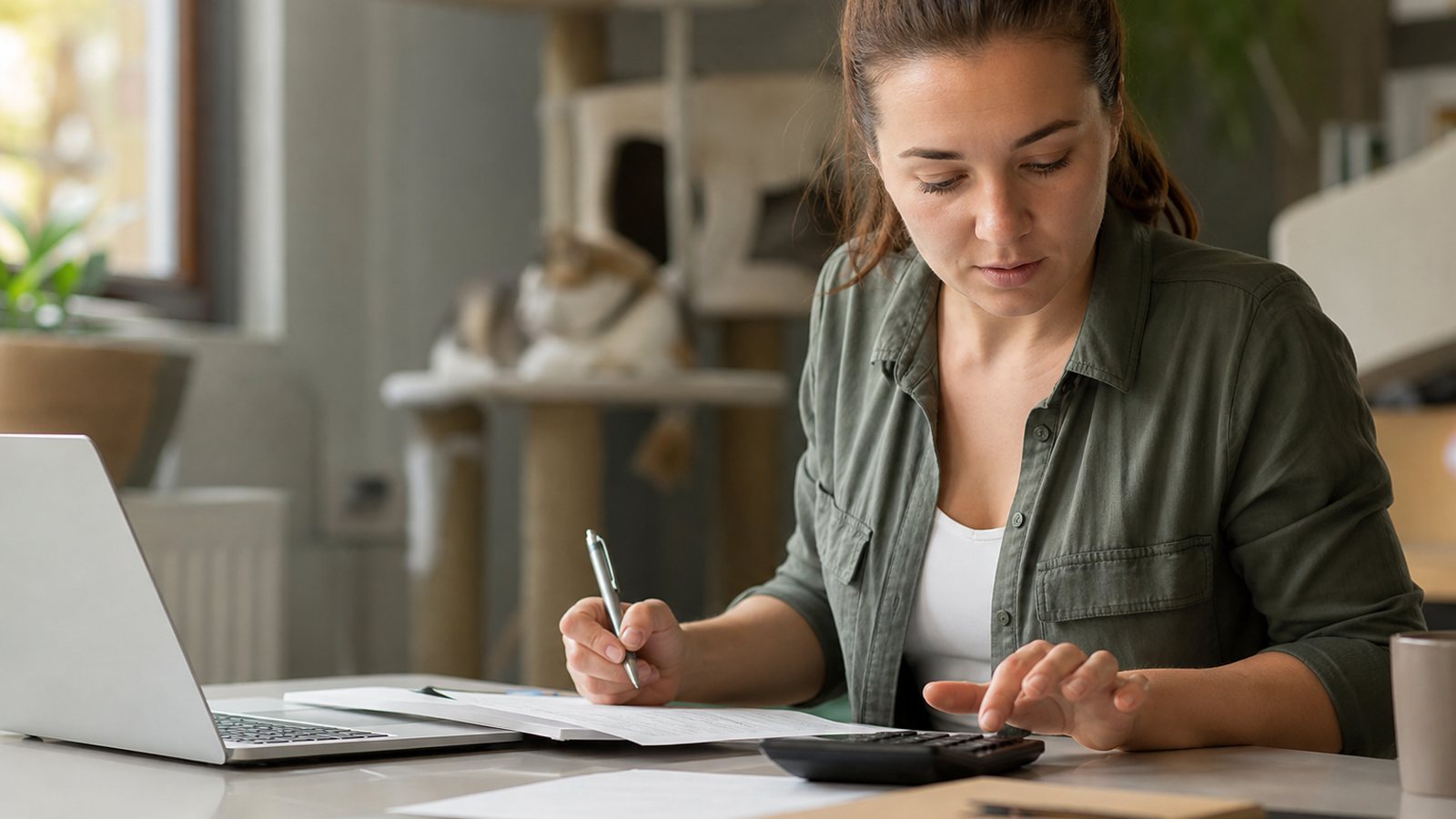 Gérante de pension calculant le coût d'une nuitée pour fixer ses tarifs à son bureau