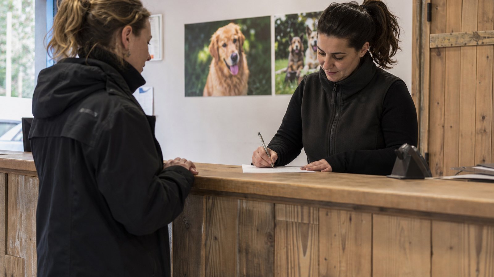 Gérante de pension animalière consultant le planning des arrivées et des départs à l'accueil