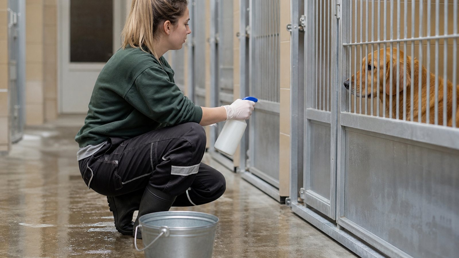 Employé nettoyant et désinfectant un box de pension animalière entre deux pensionnaires