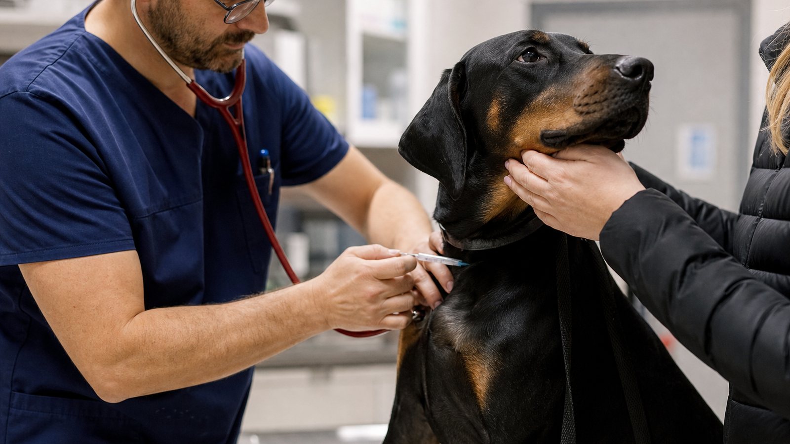 Employée de pension vérifiant le carnet de vaccination d'un chien à son arrivée en séjour